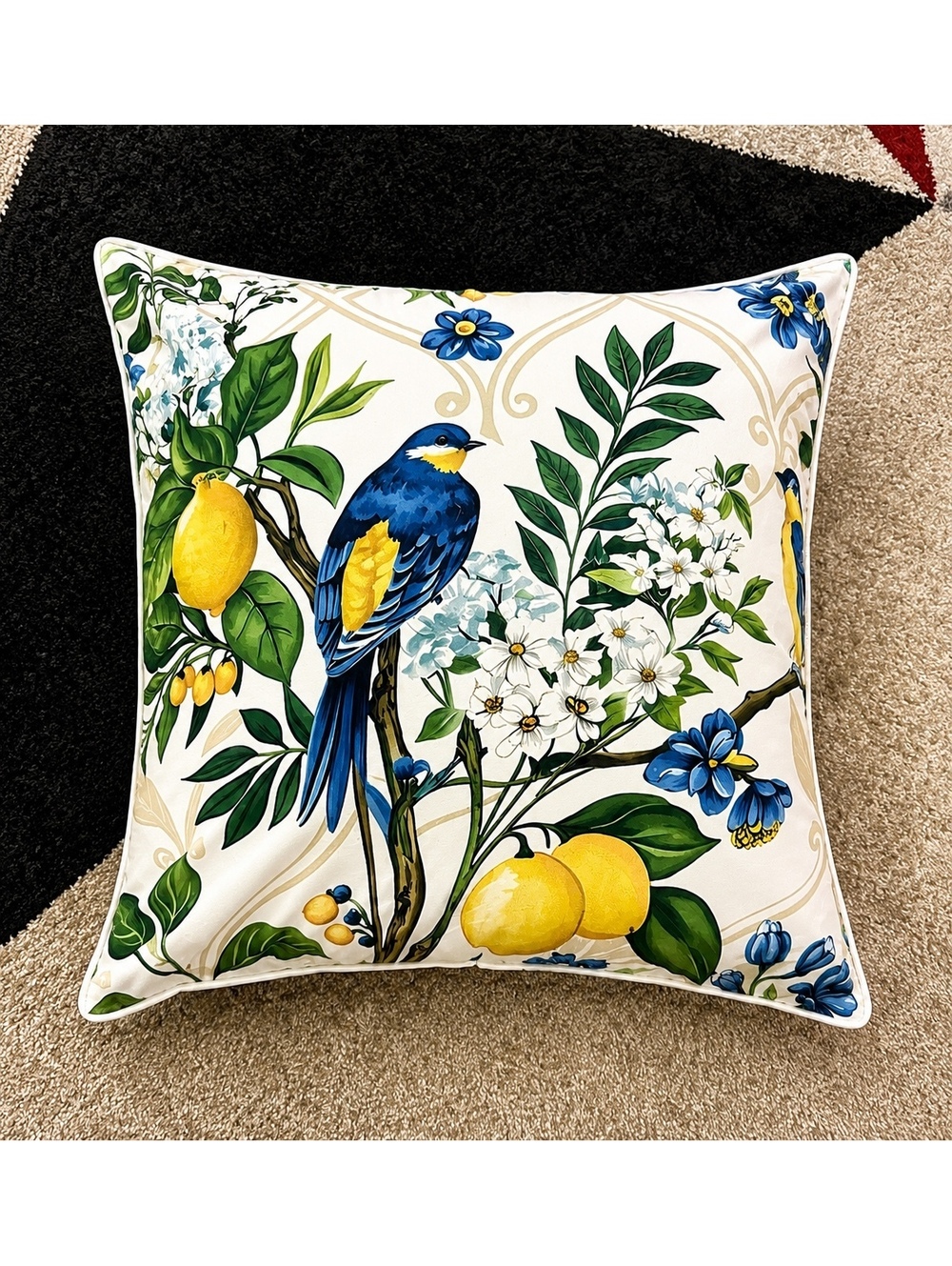Decorative Square Pillow with Blue Birds and Lemon Print